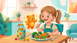 Яркая современная иллюстрация с детскими витаминами-мармеладками для статьи о борьбе с избирательным аппетитом